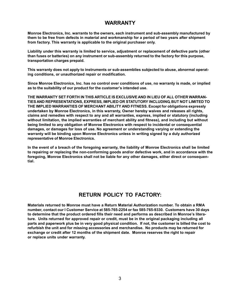 Warranty, Return policy to factory | Monroe Electronics 639 User Manual | Page 3 / 23