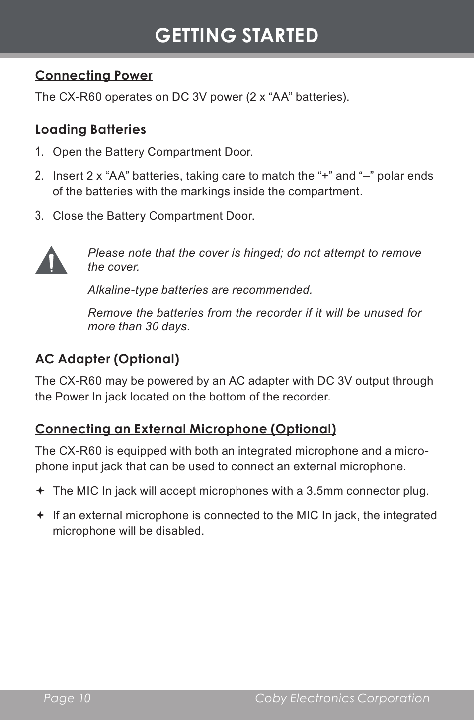 Connecting power, Loading batteries, Ac adapter (optional) | Connecting an external microphone (optional), Getting started | COBY electronic CX-R60 User Manual | Page 10 / 16
