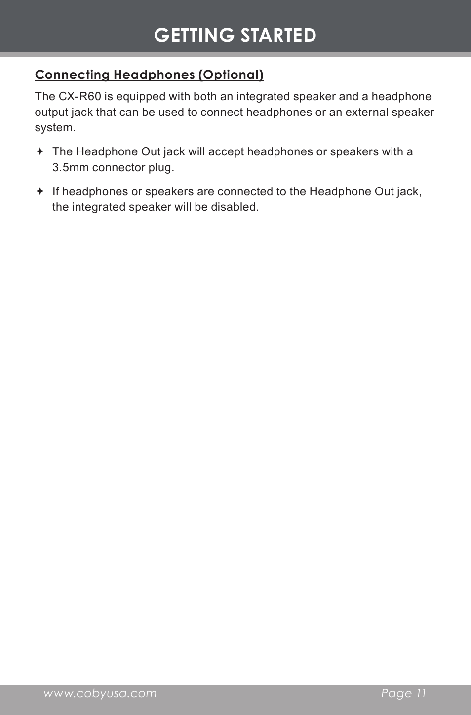 Connecting headphones (optional), Getting started | COBY electronic CX-R60 User Manual | Page 11 / 16