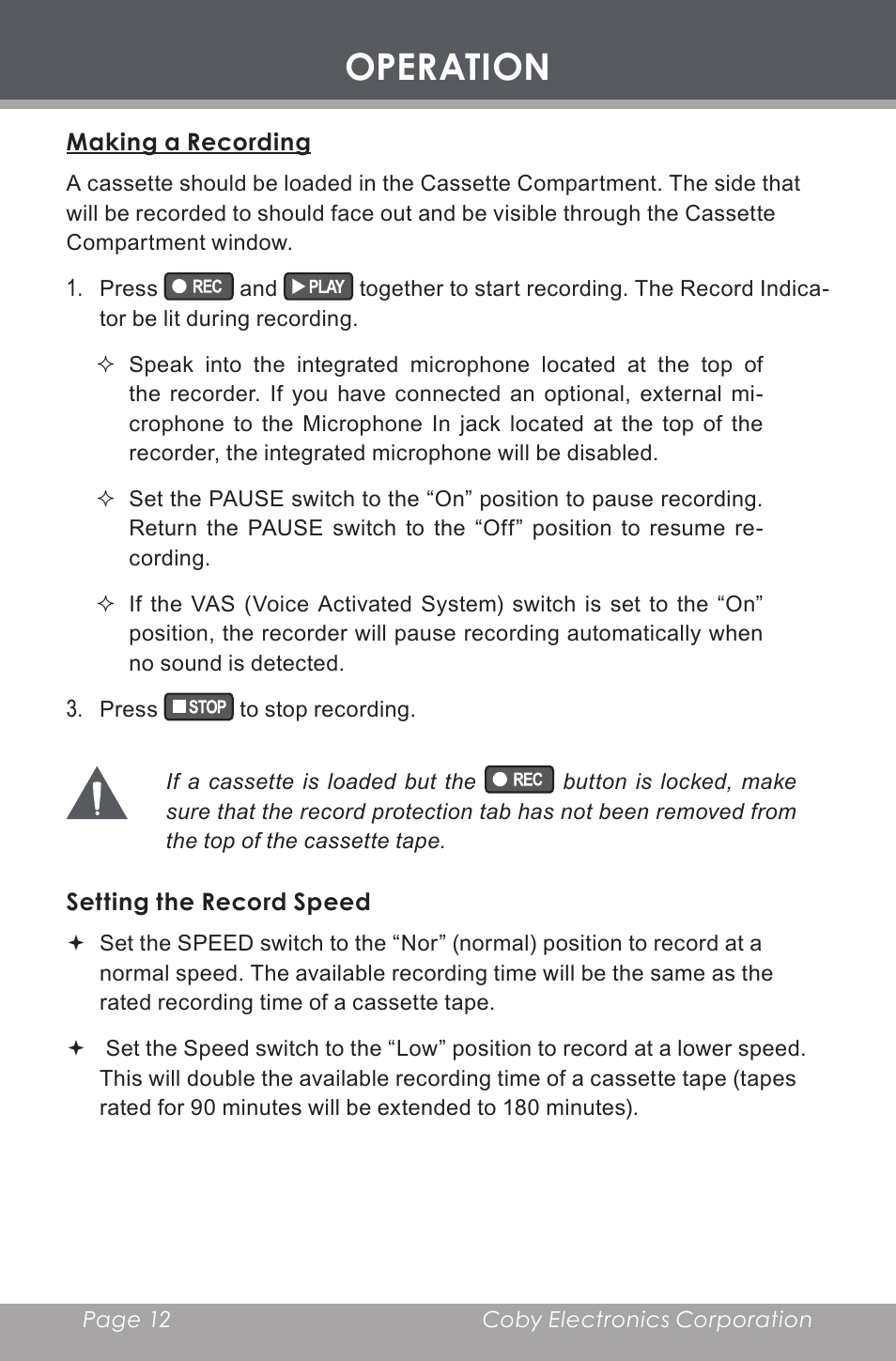 Operation, Making a recording, Setting the record sensitivity | COBY electronic CX-R60 User Manual | Page 12 / 16
