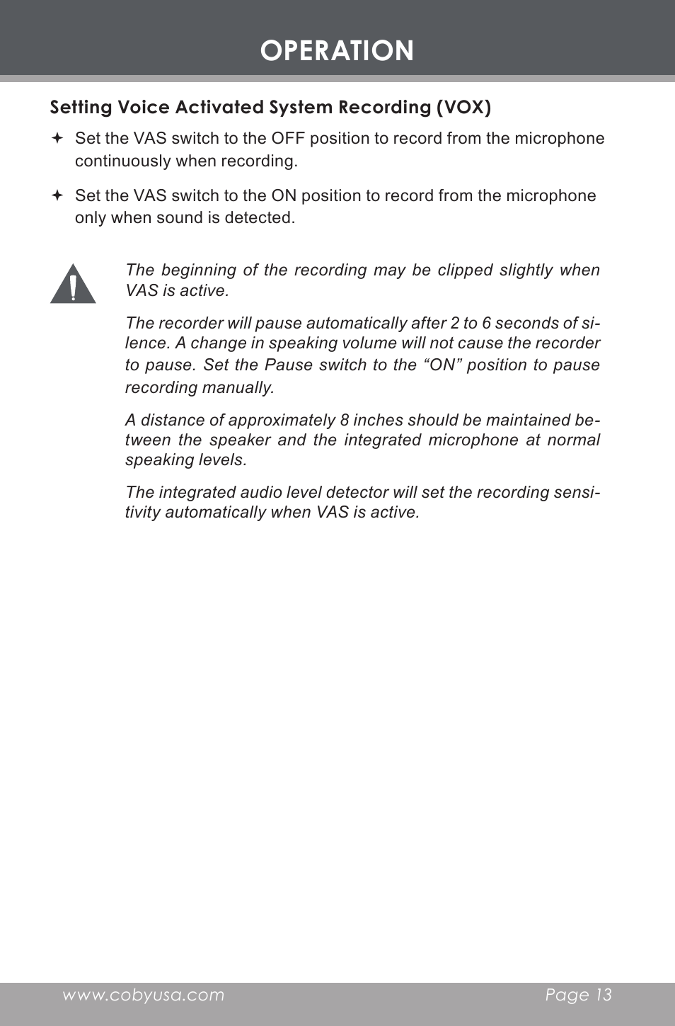 Setting the record speed, Setting voice activated system recording (vox), Operation | COBY electronic CX-R60 User Manual | Page 13 / 16
