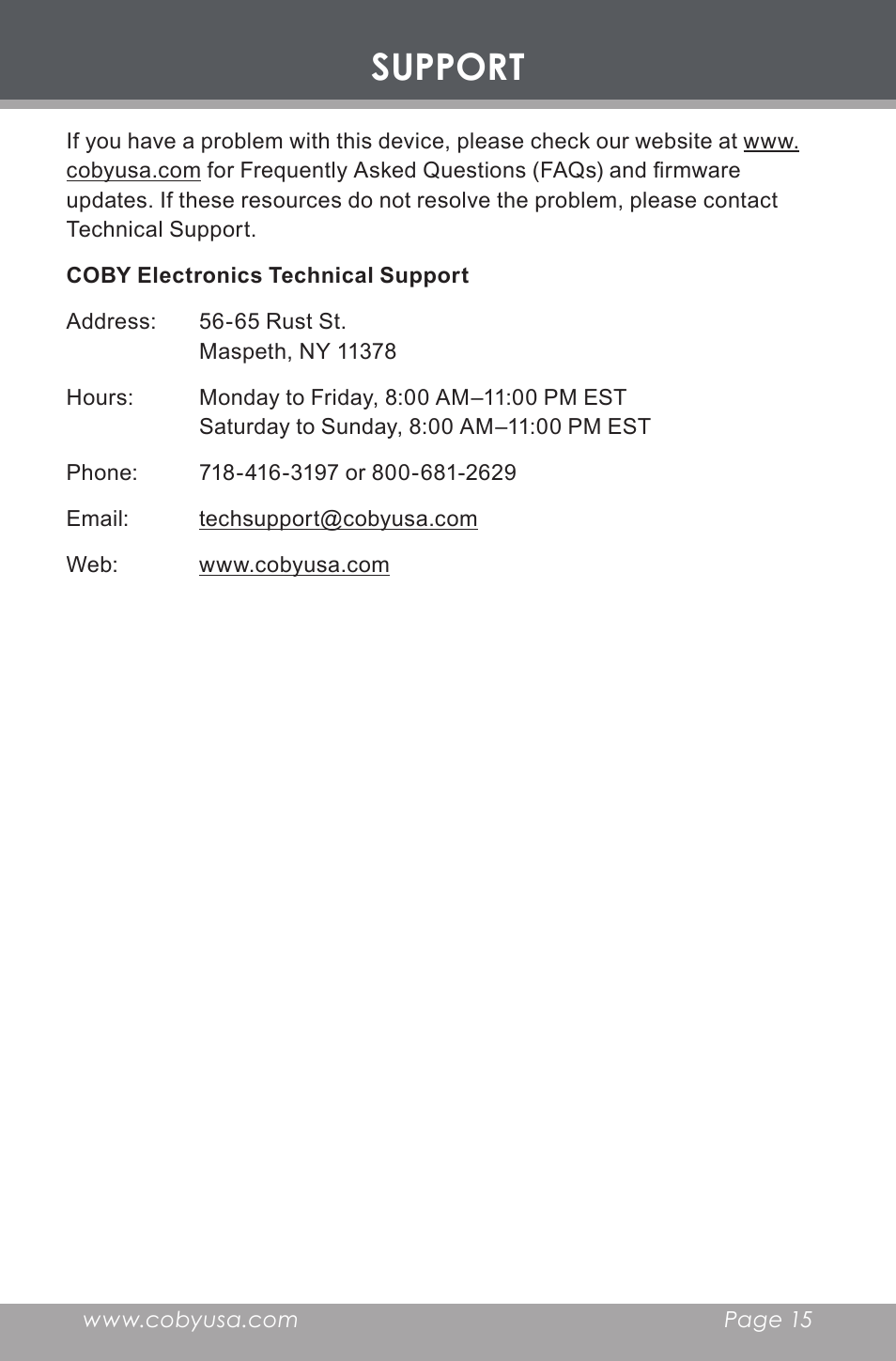Support | COBY electronic CX-R60 User Manual | Page 15 / 16