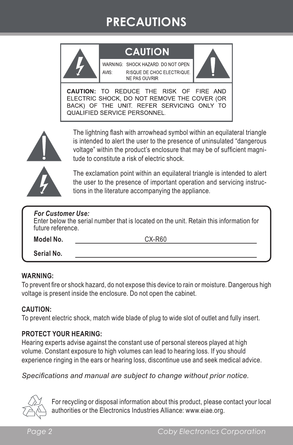 Precautions | COBY electronic CX-R60 User Manual | Page 2 / 16