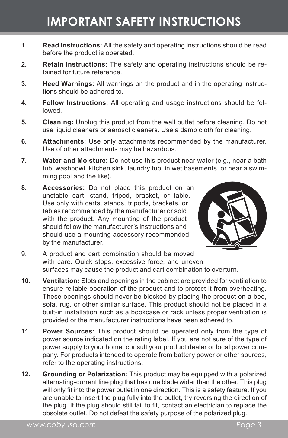 Important safety instructions | COBY electronic CX-R60 User Manual | Page 3 / 16