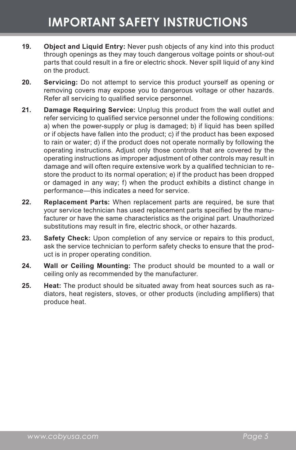 Important safety instructions | COBY electronic CX-R60 User Manual | Page 5 / 16