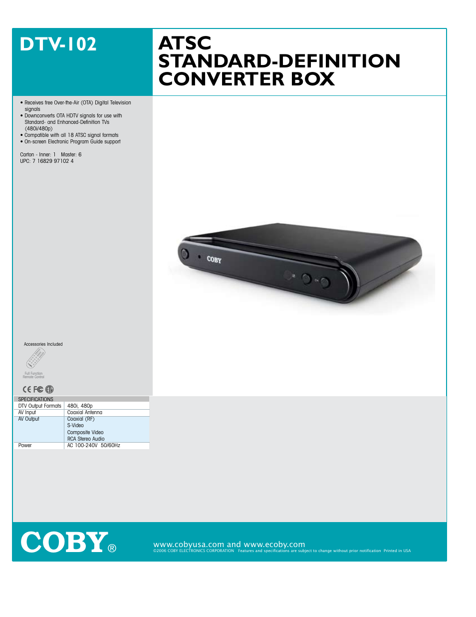 COBY DTV-102 User Manual | 1 page