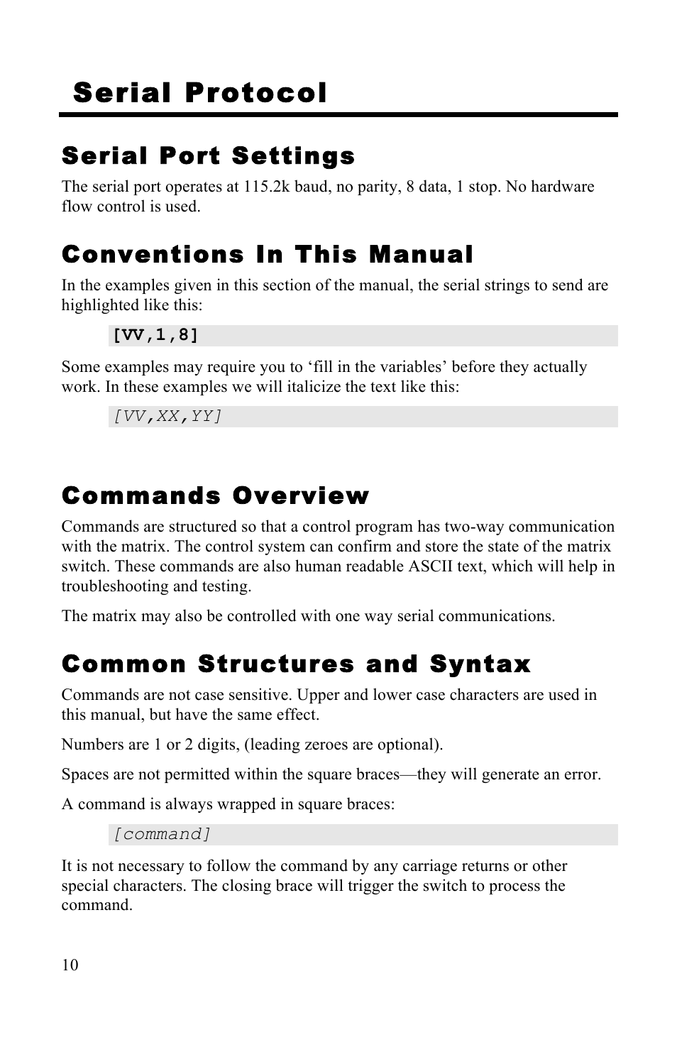Serial protocol, Serial port settings, Conventions in this manual | Commands overview, Common structures and syntax | NeoPro Vandenberg User Manual | Page 10 / 20
