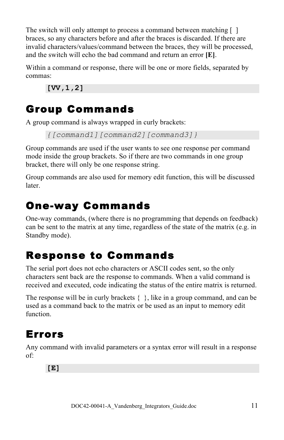 Group commands, One-way commands, Response to commands | Errors | NeoPro Vandenberg User Manual | Page 11 / 20