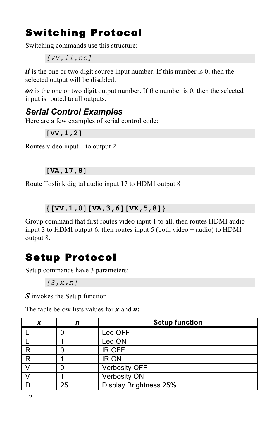 Switching protocol, Setup protocol, Serial control examples | NeoPro Vandenberg User Manual | Page 12 / 20