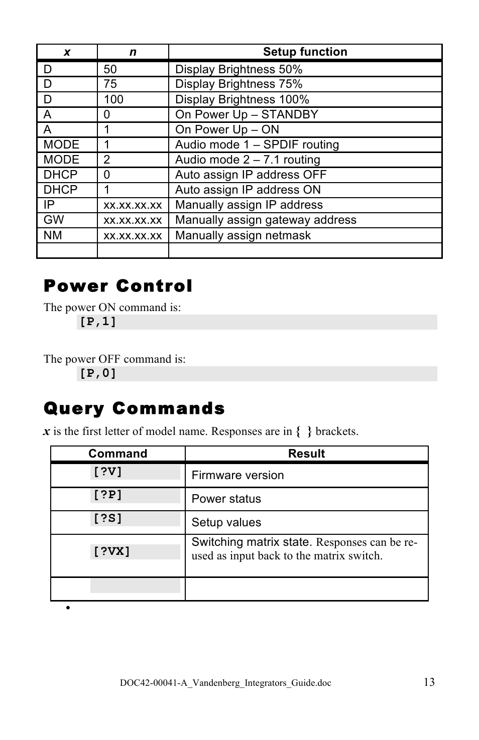 Power control, Query commands | NeoPro Vandenberg User Manual | Page 13 / 20
