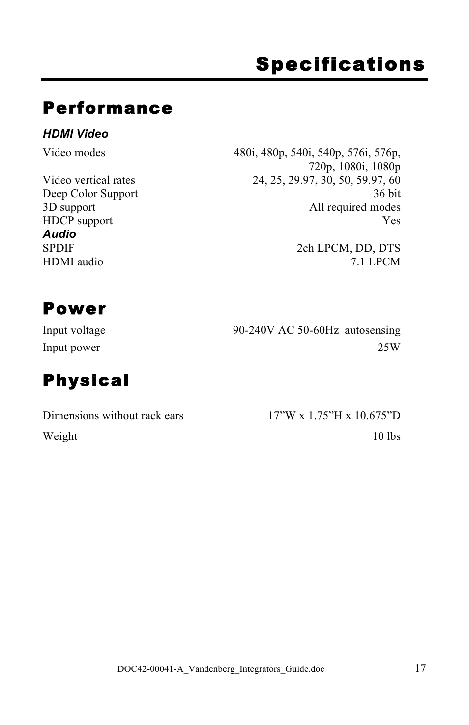 Specifications, Performance, Power | Physical | NeoPro Vandenberg User Manual | Page 17 / 20