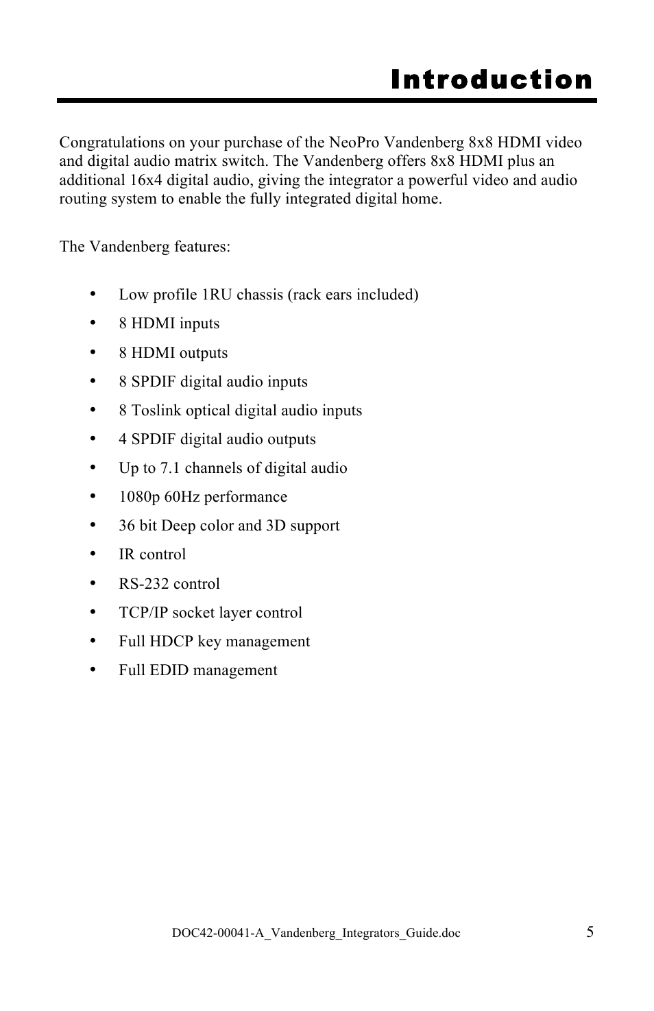 Introduction | NeoPro Vandenberg User Manual | Page 5 / 20