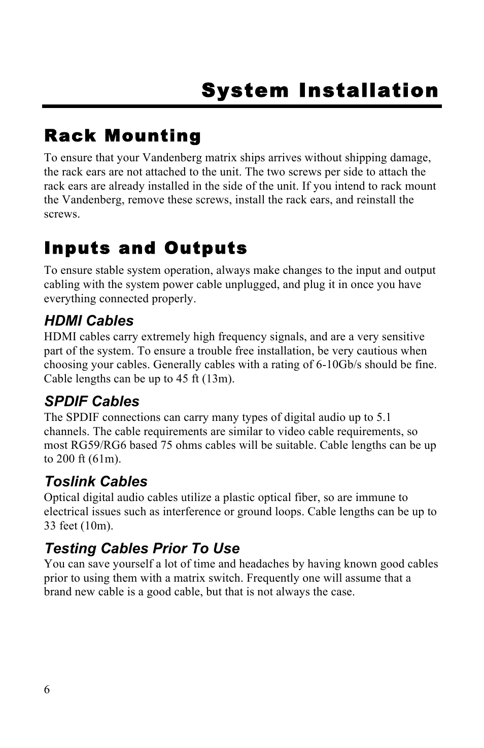 System installation, Rack mounting, Inputs and outputs | NeoPro Vandenberg User Manual | Page 6 / 20