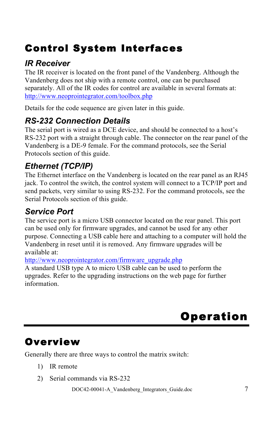 Operation, Control system interfaces, Overview | NeoPro Vandenberg User Manual | Page 7 / 20