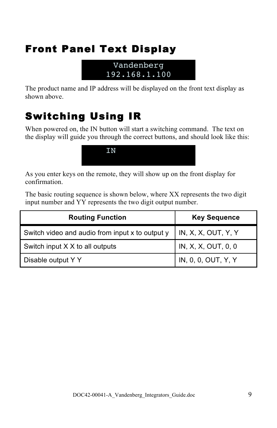 Front panel text display, Switching using ir | NeoPro Vandenberg User Manual | Page 9 / 20