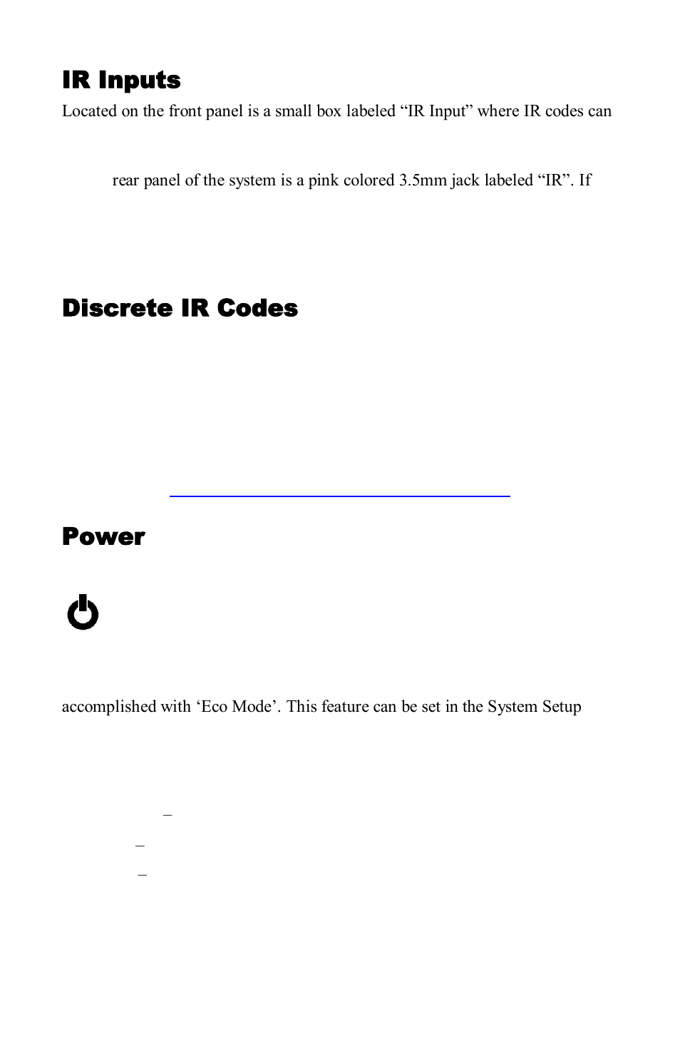 Ir inputs, Discrete ir codes, Power | Via front panel, Via ir remote, Power via front panel | NeoPro Tahoe-Veo User Manual | Page 13 / 44