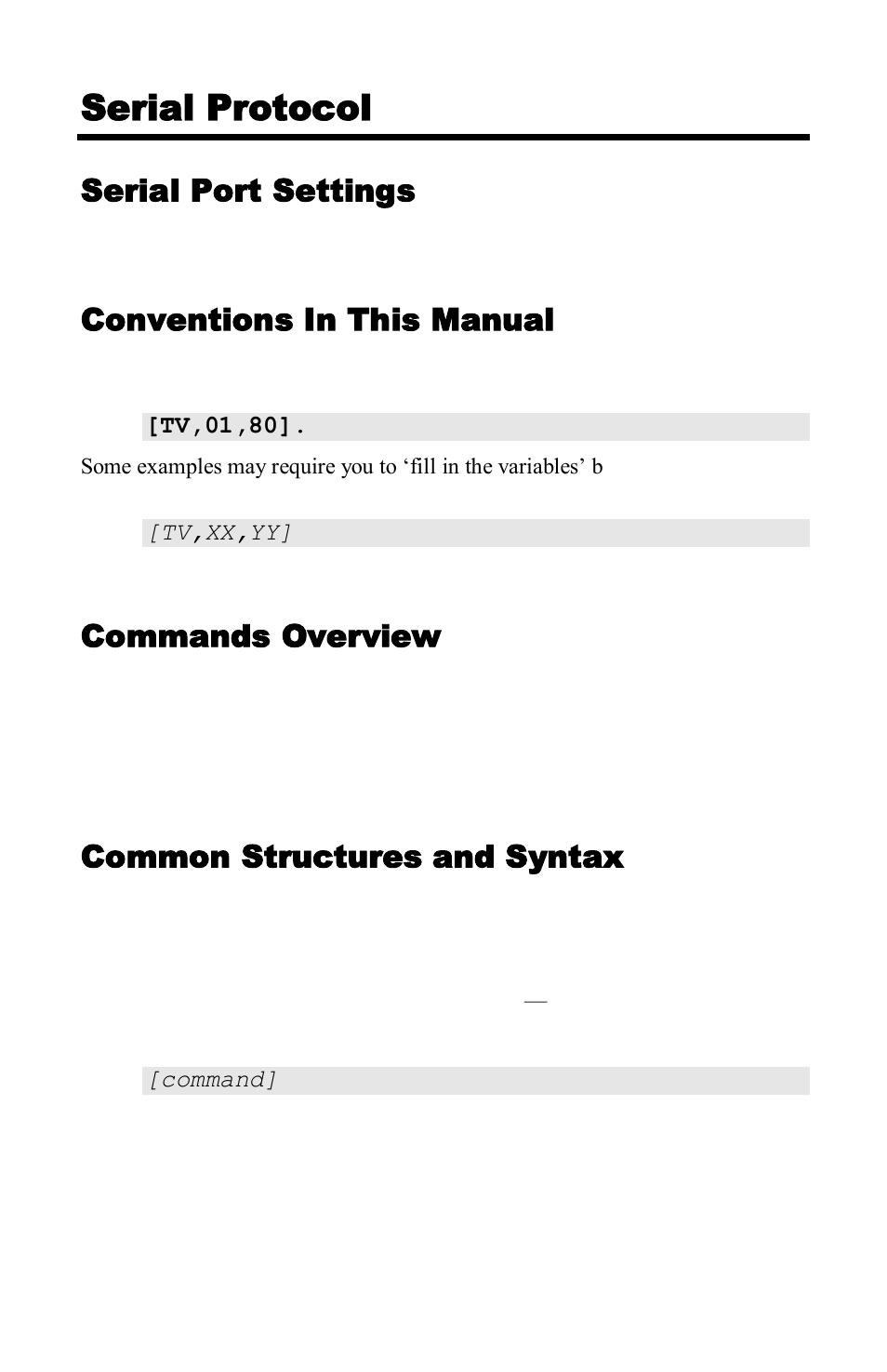 Serial protocol, Serial port settings, Conventions in this manual | Commands overview, Common structures and syntax | NeoPro Tahoe-Veo User Manual | Page 24 / 44