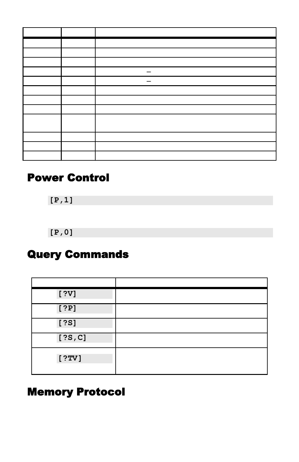 Power control, Query commands, Memory protocol | NeoPro Tahoe-Veo User Manual | Page 27 / 44