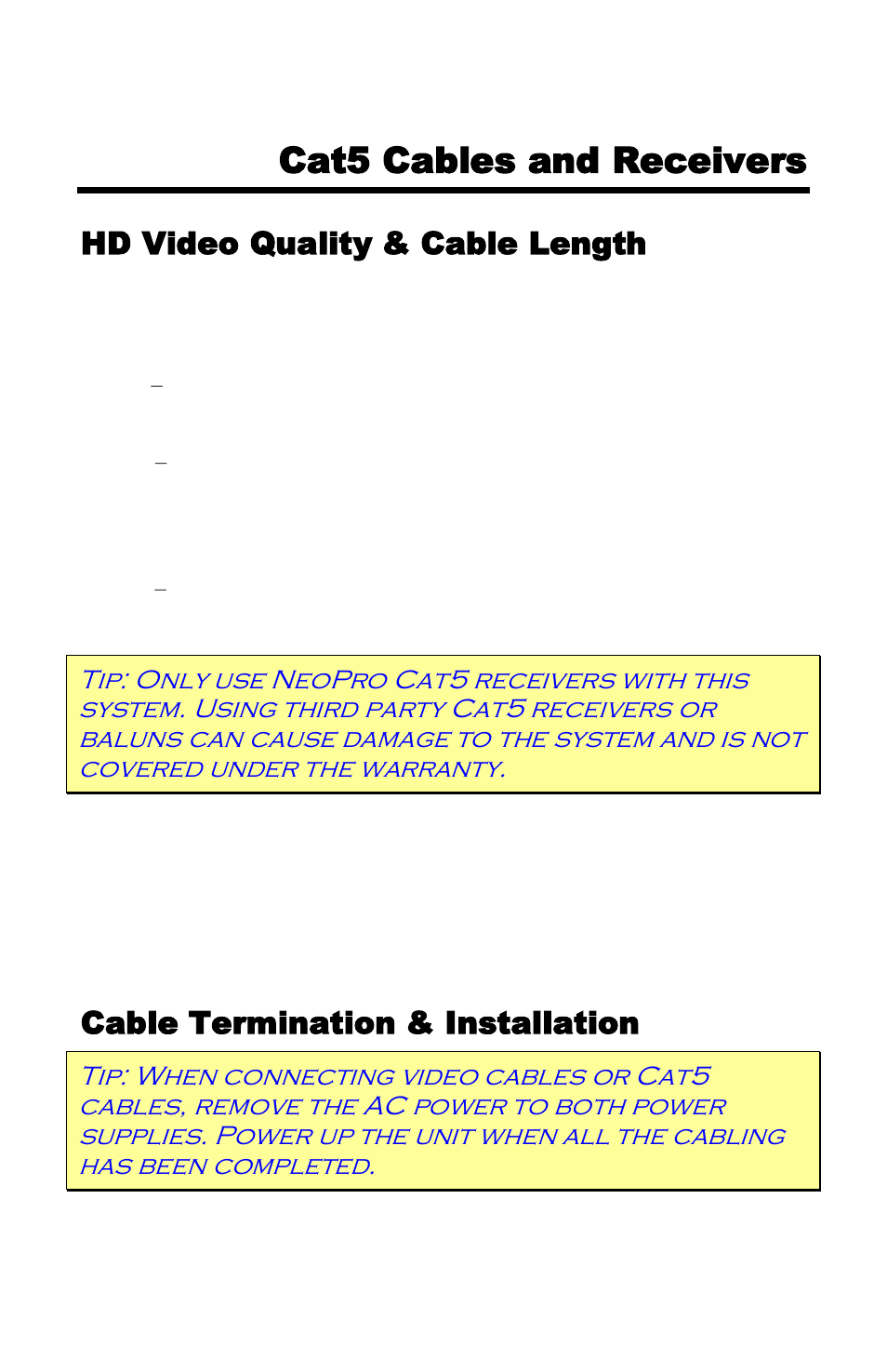 Cat5 cables and receivers, Hd video quality & cable length, Active receivers | Passive receivers, Catx cable types, Cable termination & installation | NeoPro Tahoe-Veo User Manual | Page 9 / 44