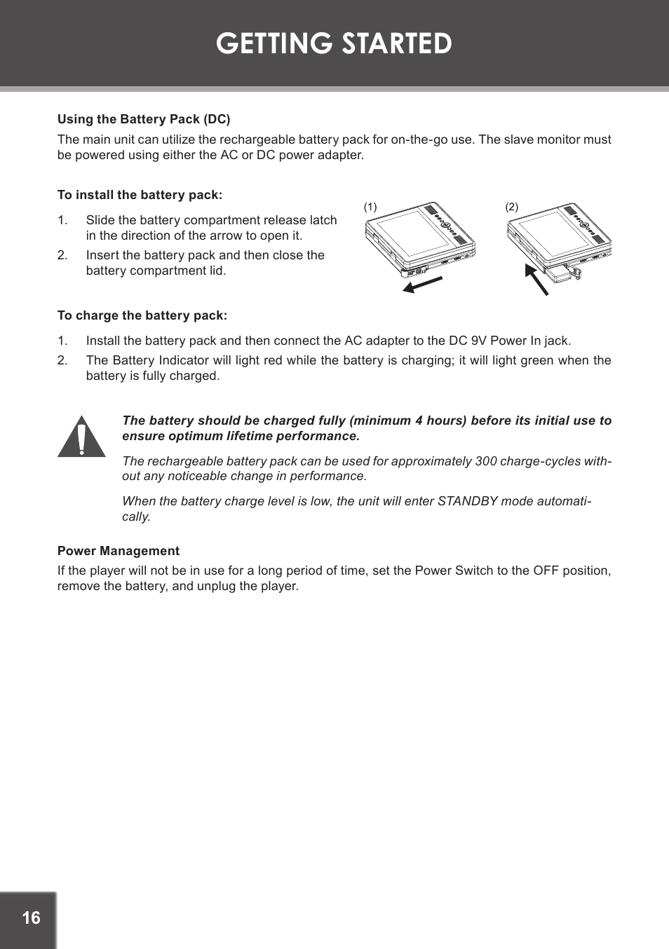 Using the battery pack (dc), Power management, Getting started | COBY electronic TF-DVD7750 User Manual | Page 16 / 32