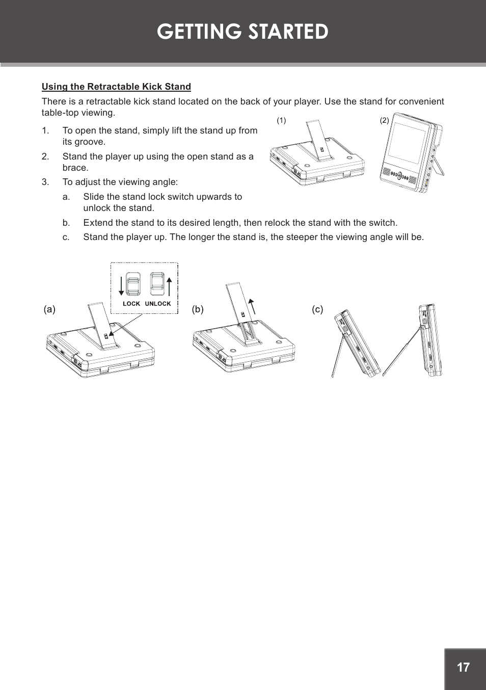 Using the retractable kick stand, Getting started | COBY electronic TF-DVD7750 User Manual | Page 17 / 32