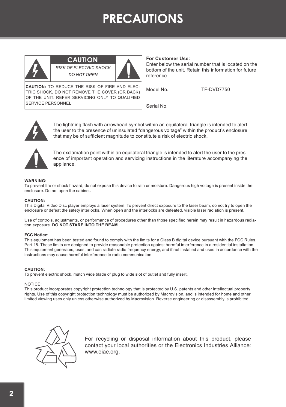 Precautions, Caution | COBY electronic TF-DVD7750 User Manual | Page 2 / 32