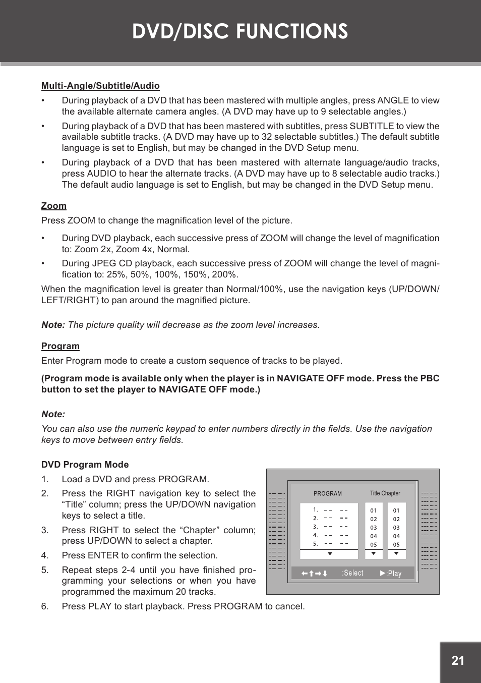 Multi-angle/subtitle/audio, Zoom, Program | Dvd program mode, Dvd/disc functions | COBY electronic TF-DVD7750 User Manual | Page 21 / 32