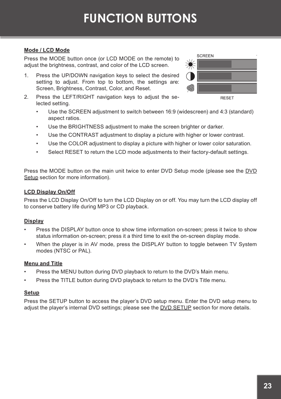 Function buttons, Mode / lcd mode, Lcd display on/off | Display, Menu and title, Setup | COBY electronic TF-DVD7750 User Manual | Page 23 / 32