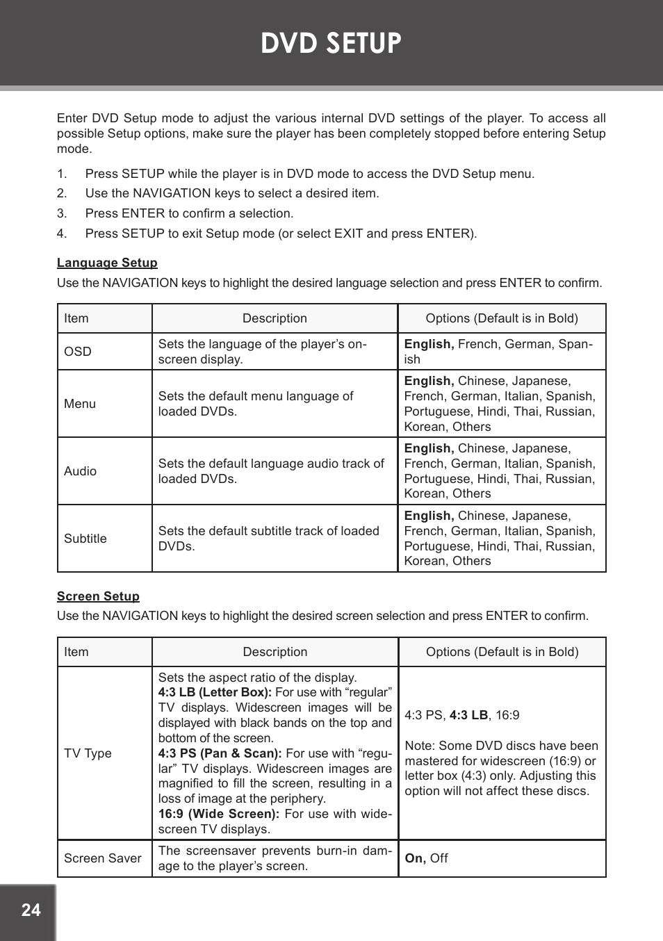 Dvd setup, Language setup, Screen setup | COBY electronic TF-DVD7750 User Manual | Page 24 / 32