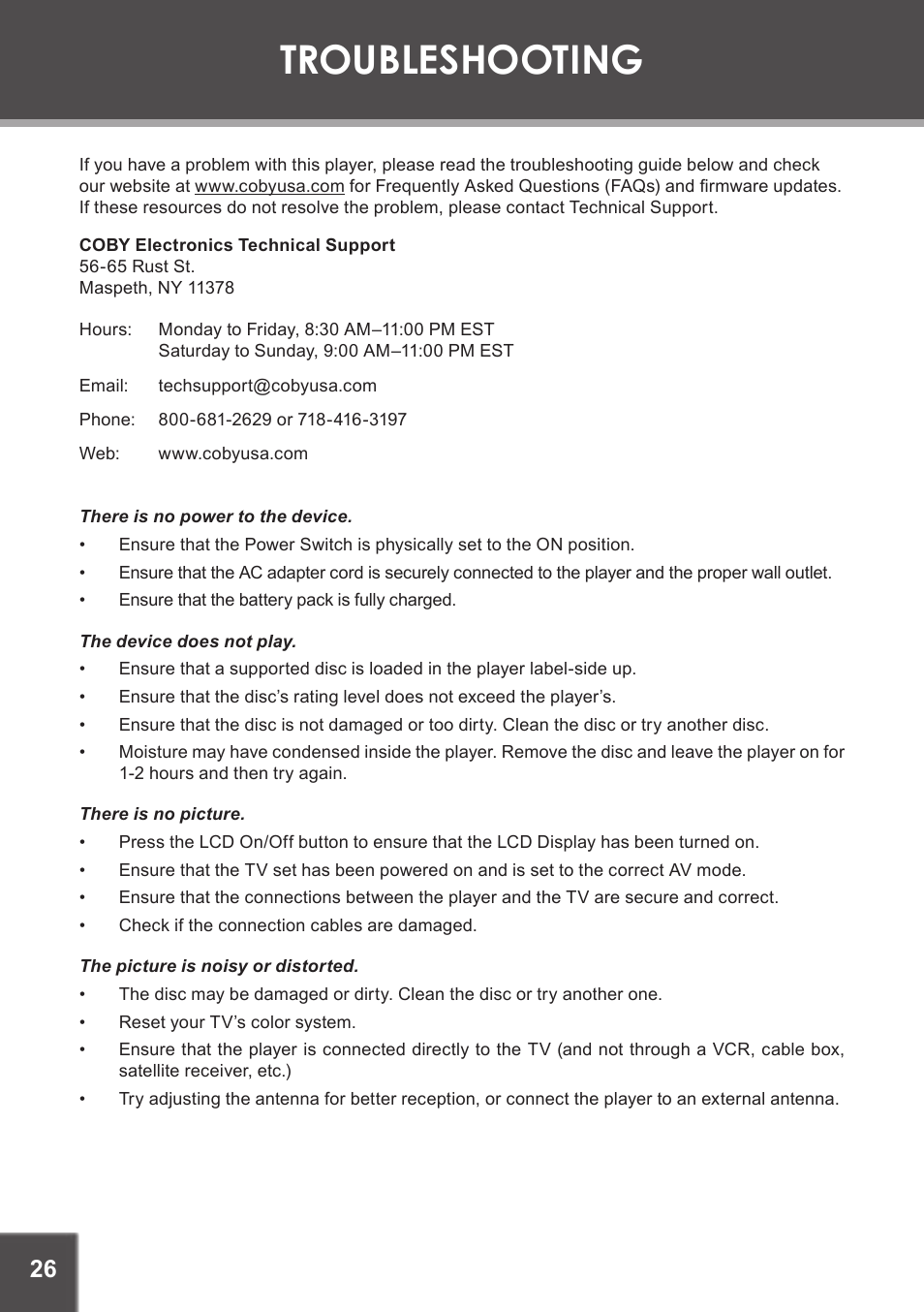 Troubleshooting | COBY electronic TF-DVD7750 User Manual | Page 26 / 32