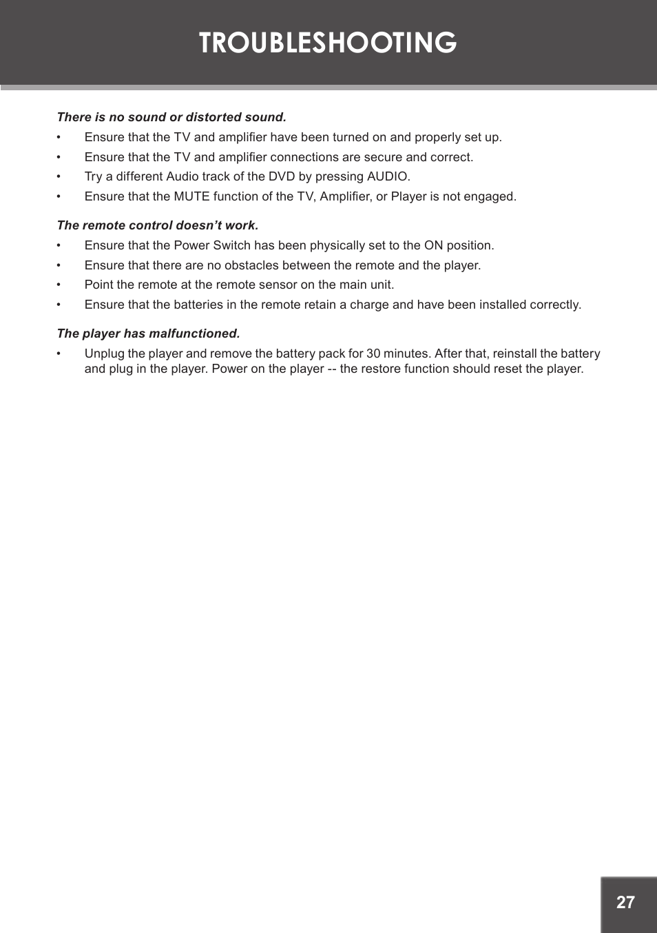 Troubleshooting | COBY electronic TF-DVD7750 User Manual | Page 27 / 32