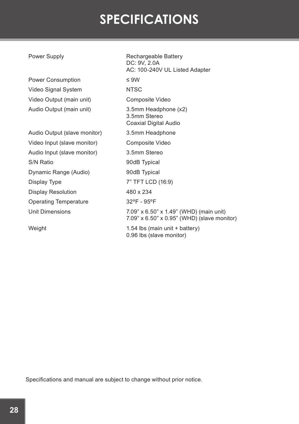 Specifications | COBY electronic TF-DVD7750 User Manual | Page 28 / 32