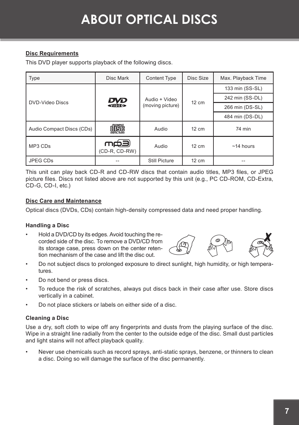 About optical discs, Disc requirements, Disc care and maintenance | Handling a disc, Cleaning a disc | COBY electronic TF-DVD7750 User Manual | Page 7 / 32