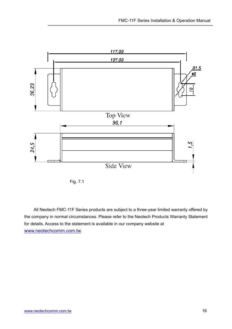 7) drawings, 8) warranty information | Neotech Communications FMC-11F User Manual | Page 16 / 18