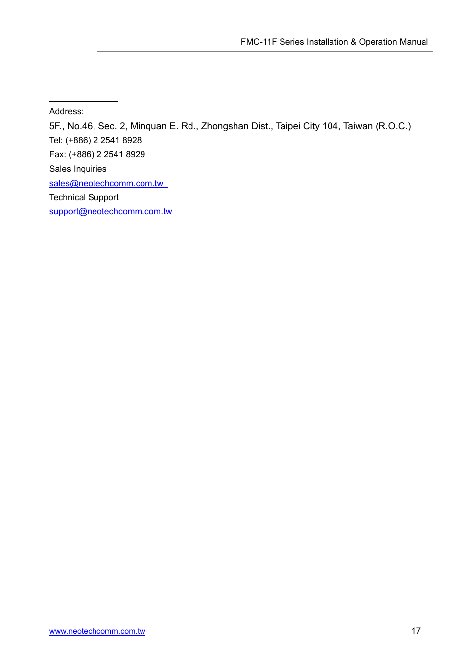 9) contact information | Neotech Communications FMC-11F User Manual | Page 17 / 18