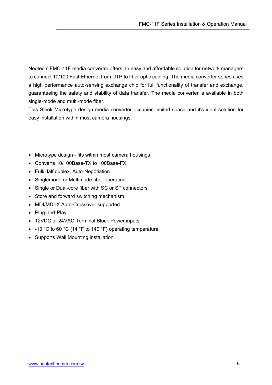 2) product overview | Neotech Communications FMC-11F User Manual | Page 5 / 18