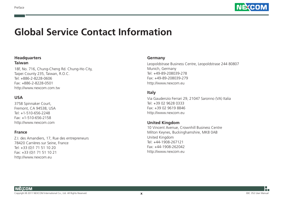 Global service contact information | NEXCOM EBC 352 User Manual | Page 10 / 68