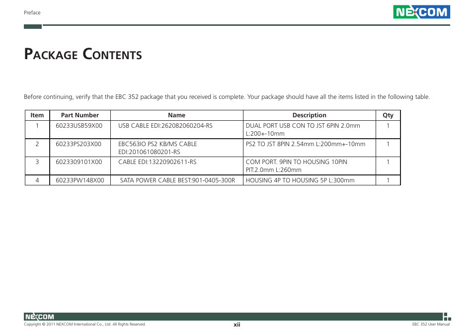 Ackage, Ontents | NEXCOM EBC 352 User Manual | Page 12 / 68