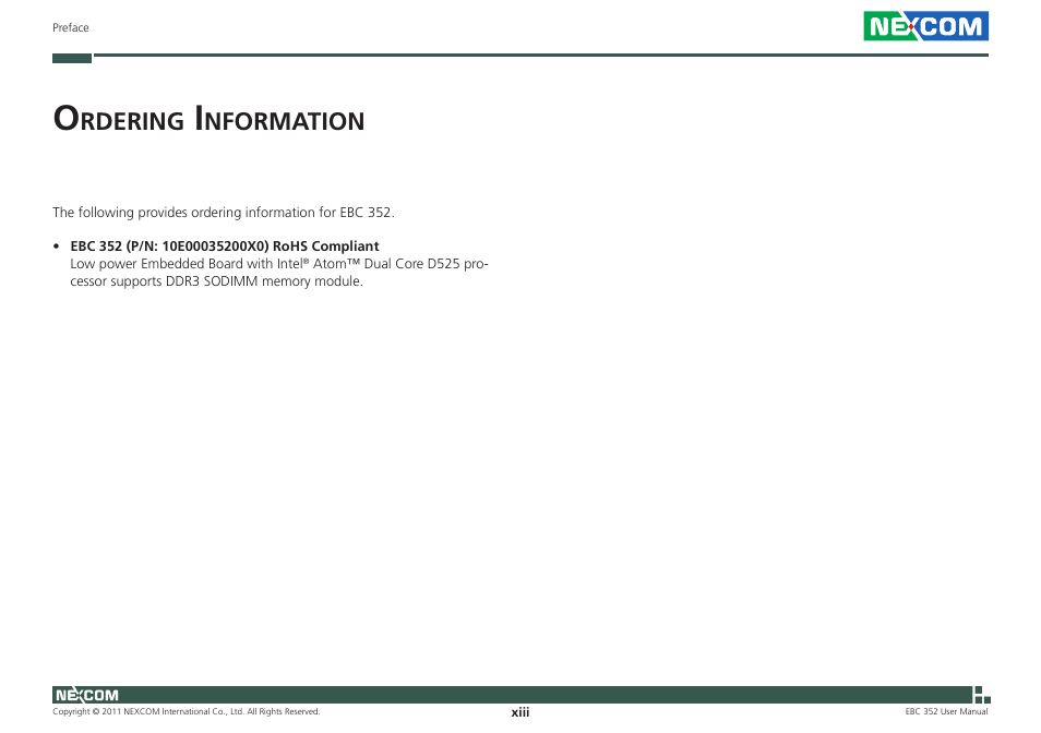 Rdering, Nformation | NEXCOM EBC 352 User Manual | Page 13 / 68