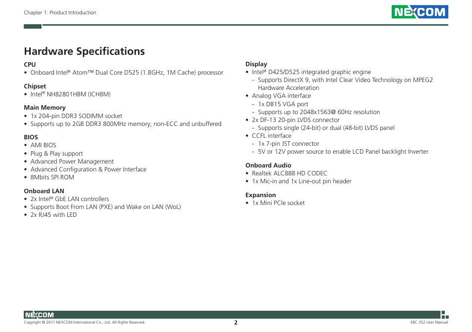 Hardware specifications | NEXCOM EBC 352 User Manual | Page 15 / 68