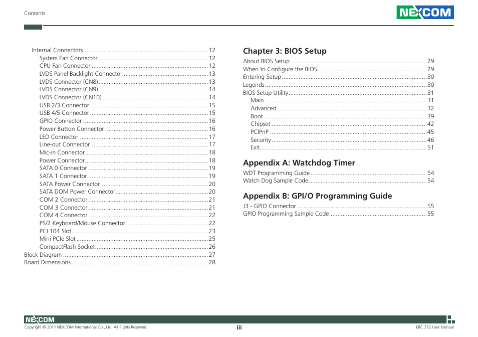 Chapter 3: bios setup, Appendix a: watchdog timer, Appendix b: gpi/o programming guide | NEXCOM EBC 352 User Manual | Page 3 / 68