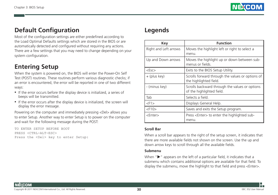 Default configuration, Entering setup, Legends | NEXCOM EBC 352 User Manual | Page 43 / 68