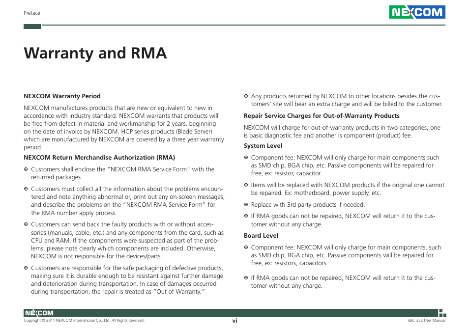 Warranty and rma | NEXCOM EBC 352 User Manual | Page 6 / 68