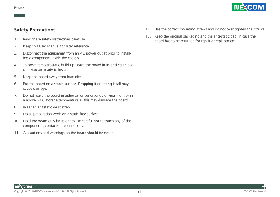 Safety precautions | NEXCOM EBC 352 User Manual | Page 8 / 68