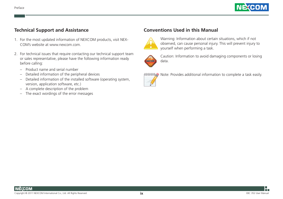 Conventions used in this manual, Technical support and assistance | NEXCOM EBC 352 User Manual | Page 9 / 68