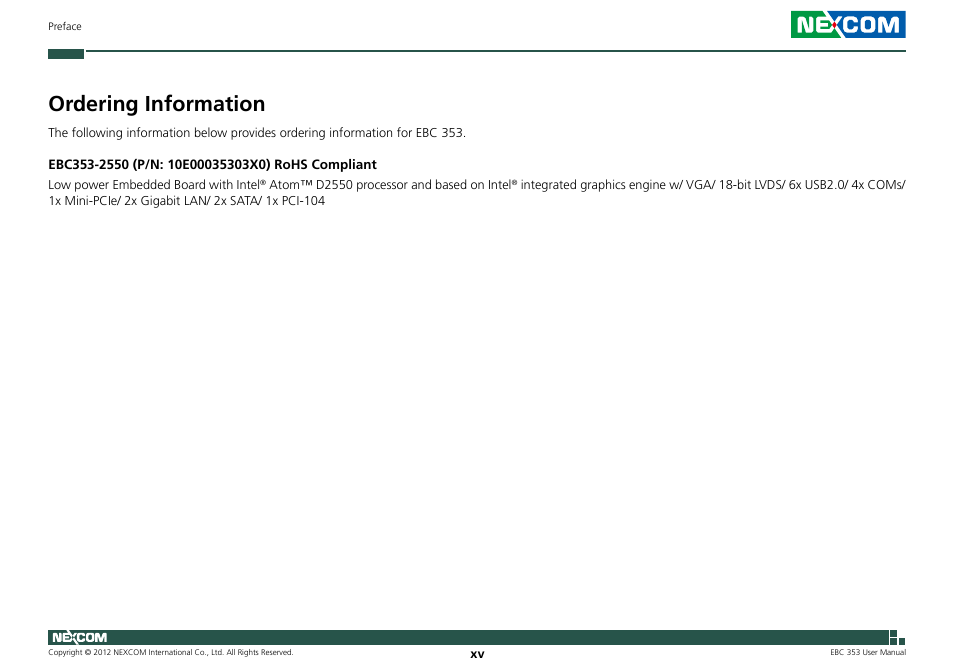 Ordering information | NEXCOM EBC 353 User Manual | Page 15 / 62