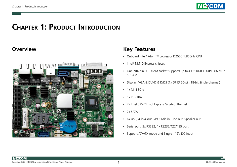 Hapter, Roduct, Ntroduction | Key features, Overview | NEXCOM EBC 353 User Manual | Page 16 / 62
