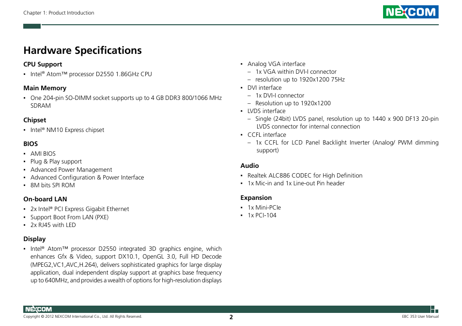 Hardware specifications | NEXCOM EBC 353 User Manual | Page 17 / 62