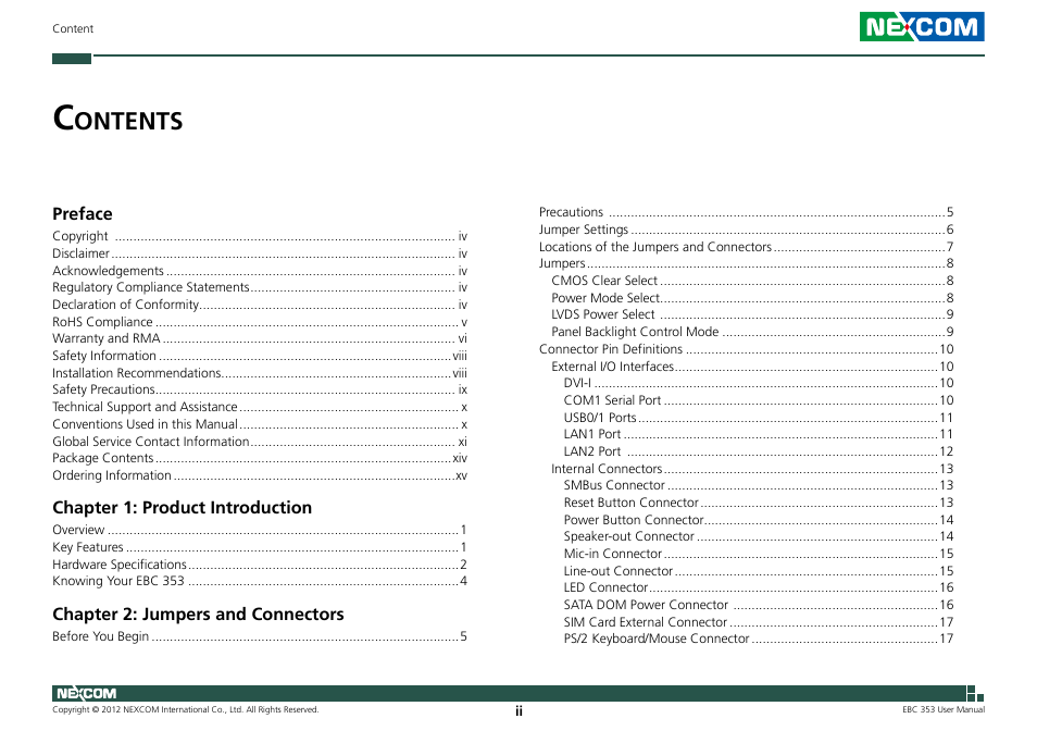 Ontents | NEXCOM EBC 353 User Manual | Page 2 / 62