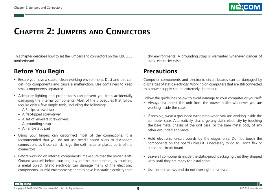 Hapter, Umpers, Onnectors | Before you begin, Precautions | NEXCOM EBC 353 User Manual | Page 20 / 62